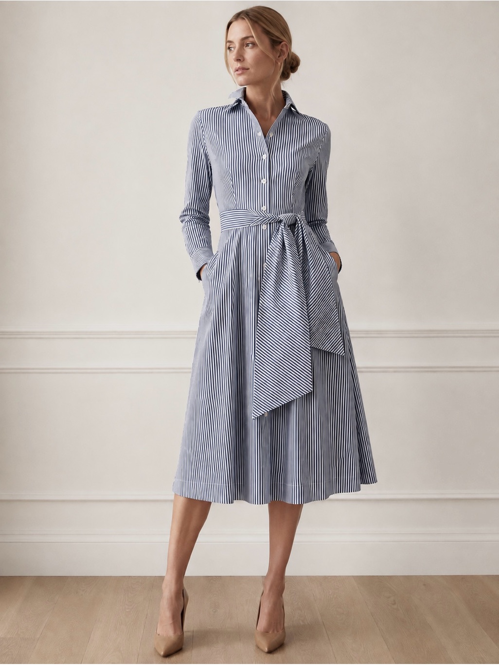J.Crew Blue White Striped Belted Midi Shirt Dress Size 2 Button Front